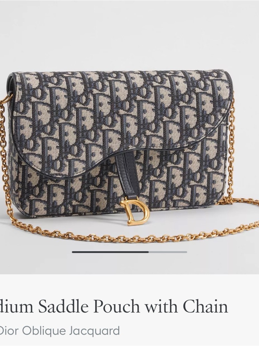 Dior Oblique Jacquard Saddle Pouch in Navy and Beige with Gold Chain